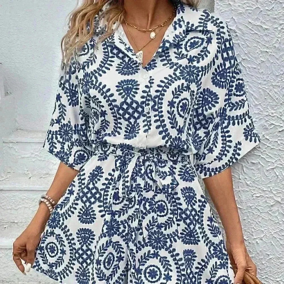Blue Boho Women's Summer Beach Floral Printed Shirt Jumpsuit Shorts - Picture 1 of 5